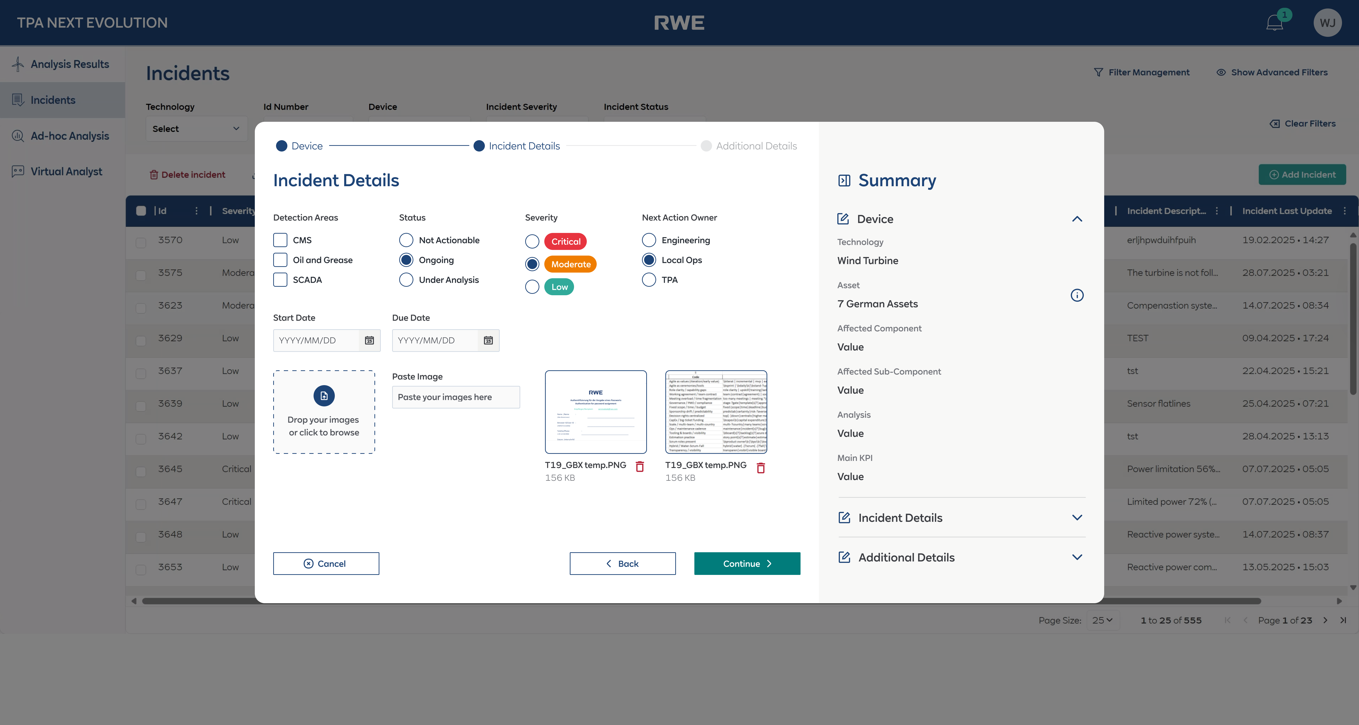 Incident wizard Step 2 — asset selector showing German sites with device selection chips